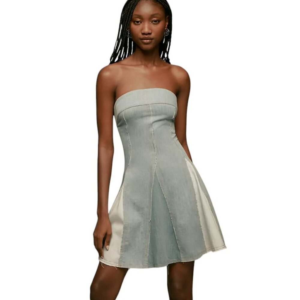 Anthropologie Pilcro Strapless Seamed Denim Mini Dress Size XL Smocked Back